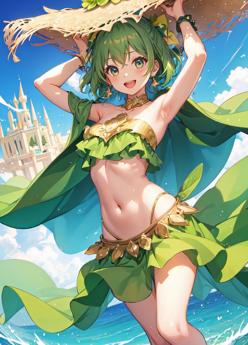 1girls :d ai_generated armpits arms_up bandeau bangle bangs bare_shoulders bikini bikini_skirt blue_sky blush bow bracelet breasts cape castle choker cloud collarbone day dutch_angle earrings feet_out_of_frame flower frills gold_trim green_bikini green_cape green_eyes green_hair green_skirt hairbow hands_on_headwear hat hat_flower highleg highleg_bikini holding jewelry looking_at_viewer medium_breasts midriff natsuyoru navel ocean open_mouth outdoors short_hair skirt sky small_breasts smile solo standing star_(symbol) star_earrings stomach strapless strapless_bikini straw_hat sun_hat swimsuit teeth thighs tube_top unnamed_character upper_teeth_only wading water