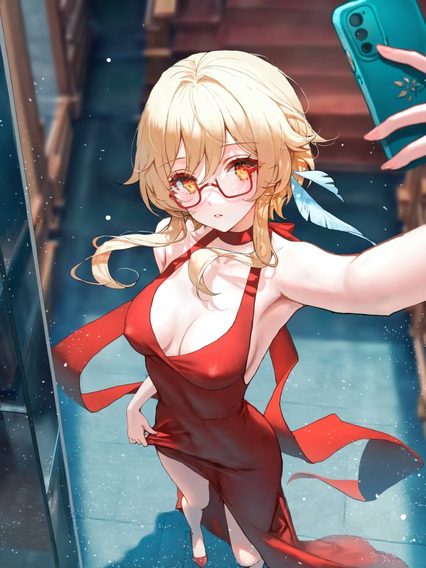 absurd_res ai_generated cellphone dress elegant_dress genshin_impact glasses lumine_(genshin_impact) medium_breasts ministro nipples nipples_visible_through_clothing no_bra phone selfie solo