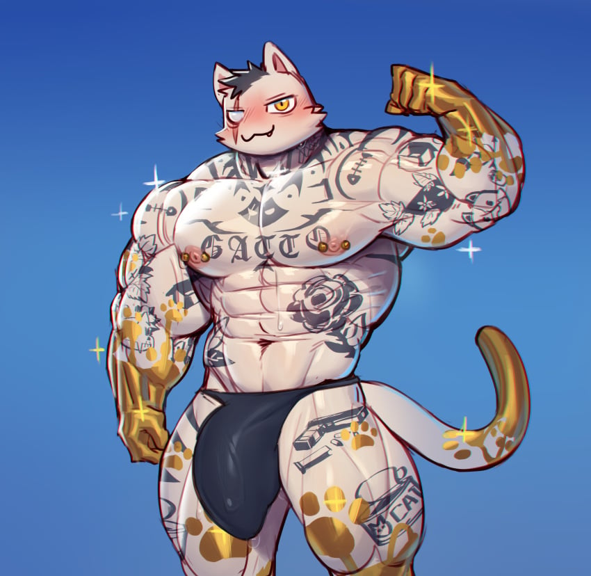 absurd_res anthro arm_tattoo belly_tattoo big_bulge big_penis bulge chest_tattoo clothing cydonia_xia domestic_cat epic_games erect_nipples felid feline felis flexing flexing_muscles fortnite genitals hi_res leg_tattoo looking_at_viewer male mammal meowdas muscular muscular_anthro muscular_male neck_tattoo nipple_piercing nipples penis piercing solo tail tattoo thong tight_clothing tight_fit underwear