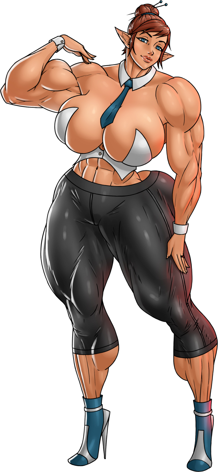 abs bare_shoulders biceps blue_eyes breasts brown_hair cleavage female flexing high_heels large_breasts looking_at_viewer moxy_(character) moxydoxy muscles muscular muscular_female navel necktie pointy_ears solo thick_thighs