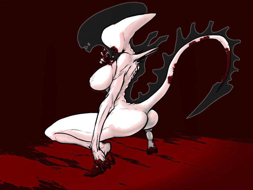 alien alien_(franchise) ass big_breasts big_butt blood breasts female female_xenomorph neomorph red_background simple_background solo white_skin xenomorph くまねこ(artist)