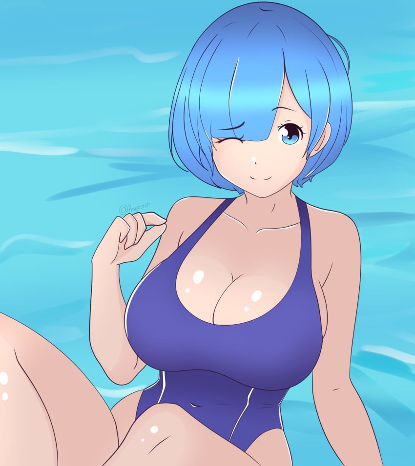 big_breasts blue_eyes blue_hair blue_swimsuit blue_swimwear breasts hair_ornament hair_ribbon krejzart one-piece_swimsuit re:zero_kara_hajimeru_isekai_seikatsu rem_(re:zero) ribbon short_hair small_breasts swimming_pool swimsuit swimwear thick_thighs thighs