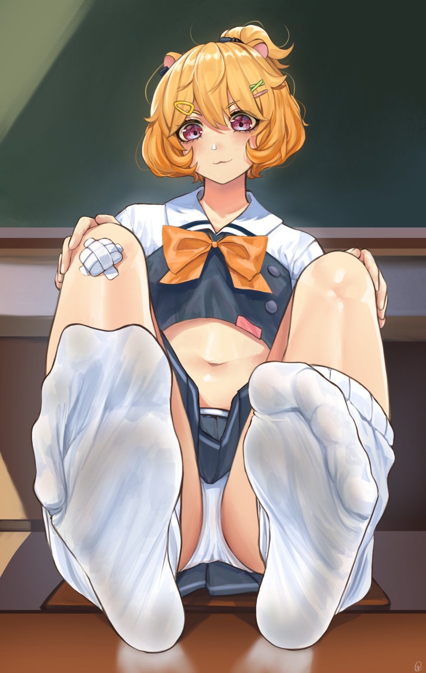 animal_ears bandage bare_legs belly blonde_hair bowtie cropped_shirt feet female female_only foot_fetish foot_focus greek_toe hair_ornament nikishiko panties pink_eyes ponytail school_uniform schoolgirl sitting skirt socks toes toes_scrunch toes_spread