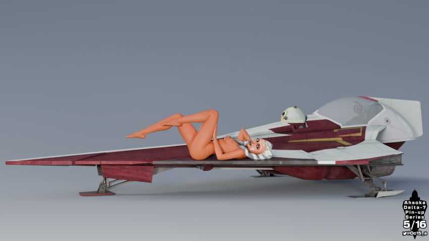 ahsoka_tano astromech_droid breasts clone_wars completely_nude completely_nude_female dc15-a female female_only jedi jedi_padawan looking_at_viewer naked nipples orange_body orange_skin pinup pinup_(style) pinup_art pinup_pose simple_background solo solo_female spacecraft spaceship star_wars togruta