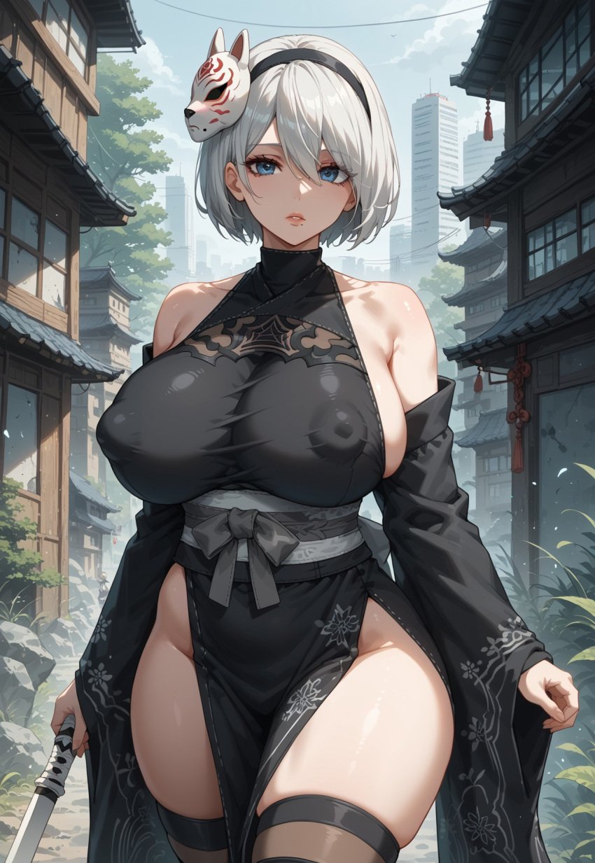 ai_generated areolae_visible_through_clothing big_breasts blue_eyes breasts chinese_clothes looking_at_viewer nier:_automata nipples_bulge nipples_visible_through_clothing no_bra no_panties short_hair sword thighhighs thighs white_hair yorha_2b zan50ai