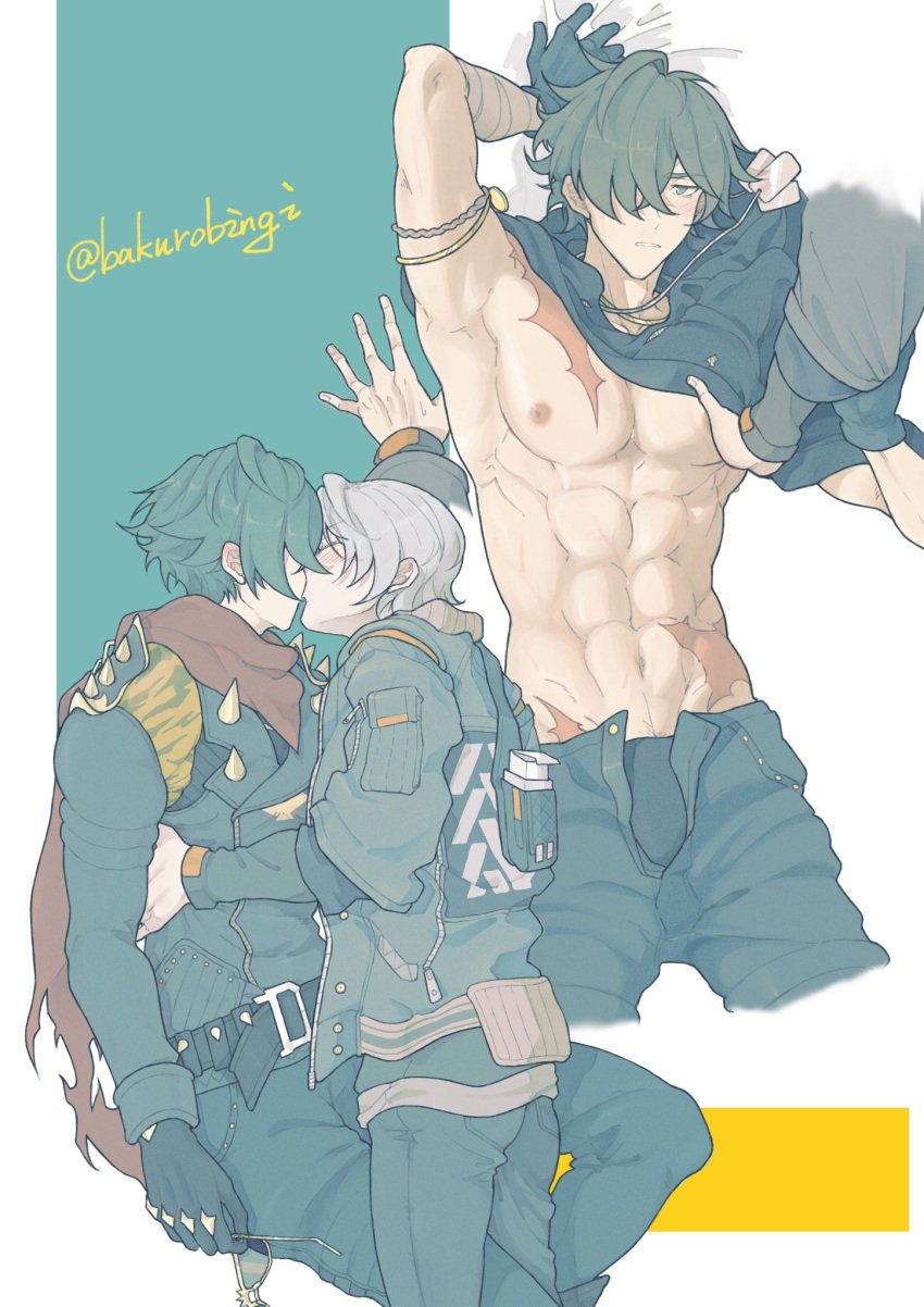 2boys abs bakurobingi blush kissing lighter_(zenless_zone_zero) male/male muscles muscular_male scar undressing wholesome wise_(zenless_zone_zero) yaoi zenless_zone_zero