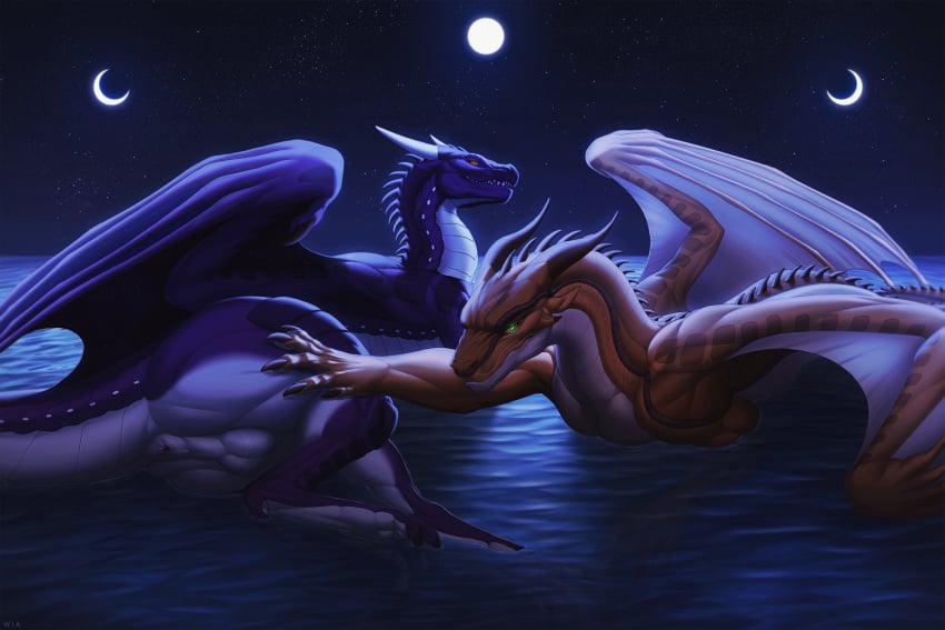 anus ass balls dragon duo feral genitals hi_res looking_at_viewer male male_only male_solo moon muscular mythological_creature mythological_scalie mythology night partially_submerged perineum rear_view scalie water wia