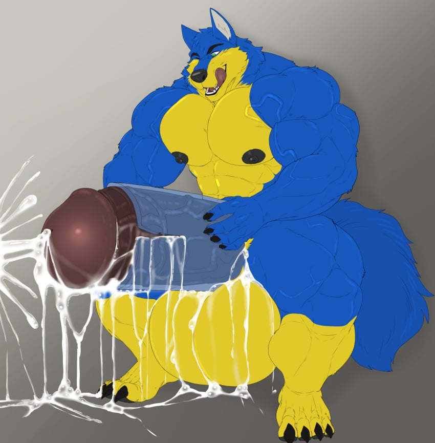 abs balls bara big blue_and_yellow_fur boner breasts cock cum cumming dick erect heavy hoozuki huge hunk hyper large load massive muscle muscles muscular_furry naked pecs penis sex_toy taighet_28 wolf