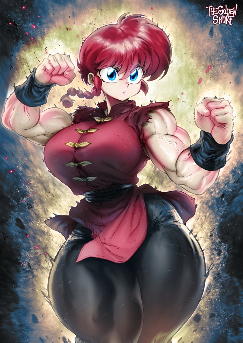 angry_face asian_female big_breasts blue_eyes braided_hair buff_female detailed_background fighting_stance hourglass_figure huge_breasts massive_thighs muscular_female ranma-chan ranma_1/2 ranma_saotome solo_female thegoldensmurf thick_thighs tight_clothing