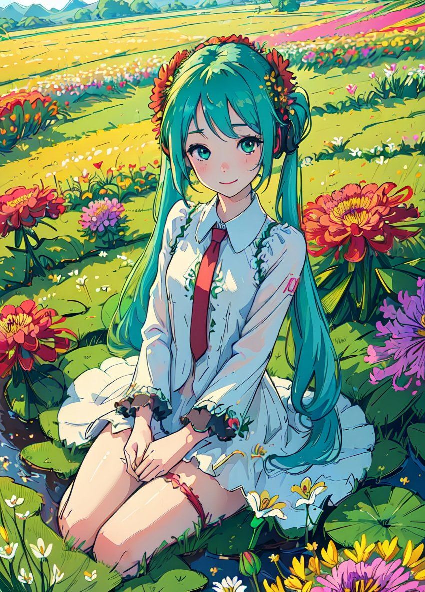 1girls ai_generated aqua_eyes aqua_hair bangs blush breasts bug closed_mouth collared_dress daisy day dress field flower flower_field frills grass hair_bun hair_flower hair_ornament hands_on_lap headphones lily_pad long_hair long_sleeves looking_at_viewer meadow natsuyoru nature necktie number_tattoo on_grass orange_flower outdoors own_hands_together pink_flower pond purple_flower red_flower red_necktie seiza shirt short_dress sitting sky smile solo tattoo thigh_strap thighs tree twintails unnamed_character very_long_hair water white_dress white_flower yellow_flower