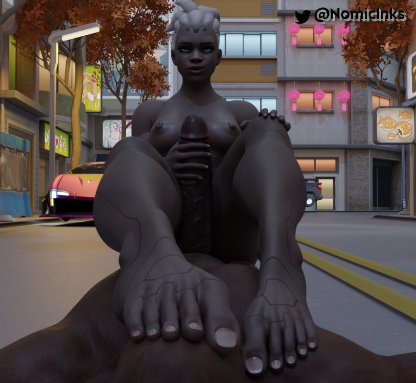 3d blender dark-skinned_female dark-skinned_male femdom foot_fetish foot_focus foot_on_face handjob looking_at_viewer overwatch overwatch_2 sojourn_(overwatch) thigh_sex