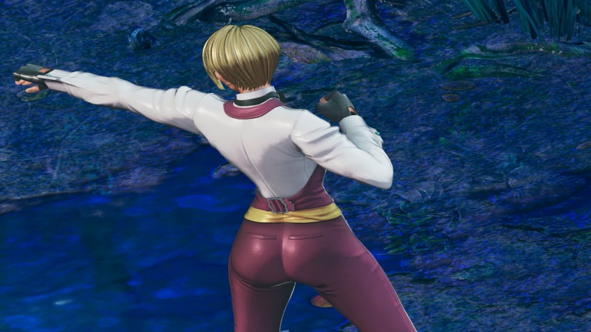 1girls ass big_ass blonde_hair earrings female from_behind gloves king_(snk) king_of_fighters leather light-skinned_female light_skin long_sleeves outdoors outside pants round_butt shirt short_hair voluptuous white_shirt wide_hips