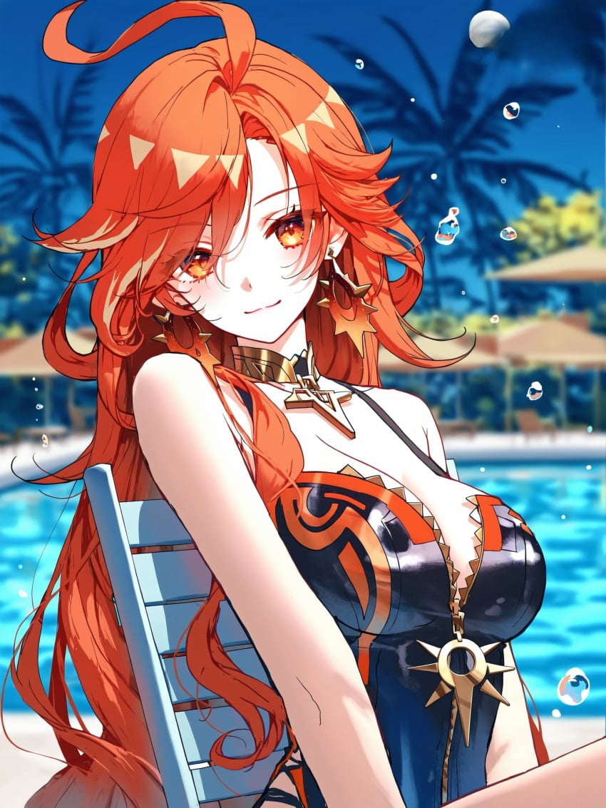 absurd_res ai_generated genshin_impact mavuika_(genshin_impact) ministro pool sunlight swimming_pool swimsuit