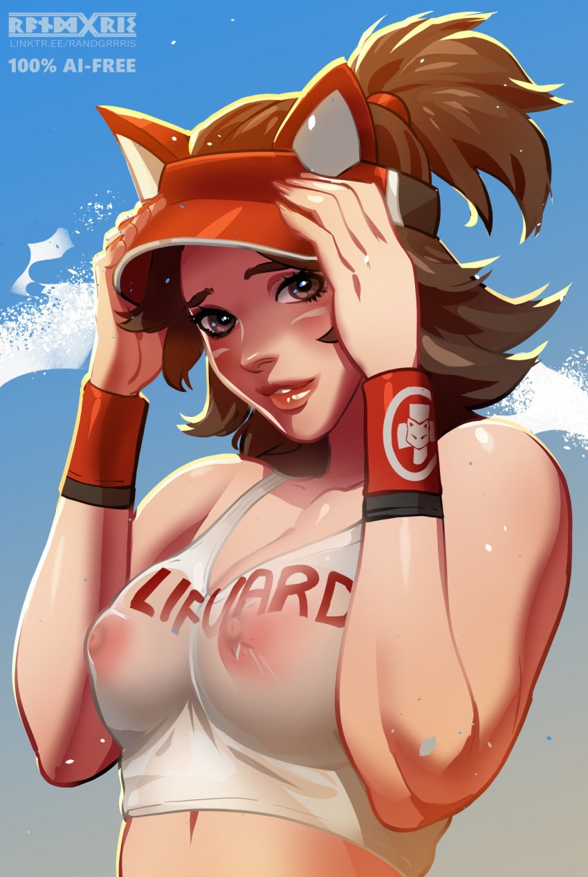 1girls 2d brown_eyes brown_hair crop_top kiriko_(overwatch) lifeguard lifeguard_kiriko overwatch overwatch_2 puffy_nipples randgris randgrrris solo_female wet_clothes