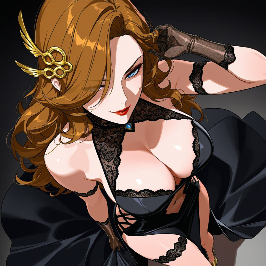 ai_generated big_breasts blue_eyes boob_window brown_hair cleavage clothed dress garter gloves hair_ornament navel original_character red_lipstick solo_female