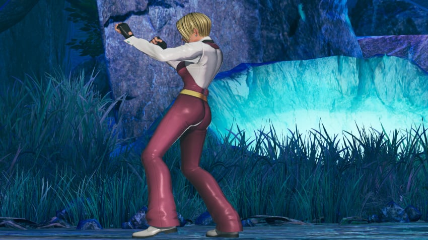 1girls ass big_ass big_breasts blonde_hair busty earrings female from_behind gloves king_(snk) king_of_fighters leather light-skinned_female light_skin long_sleeves night outdoors outside pants shirt short_hair suit voluptuous voluptuous_female white_shirt wide_hips