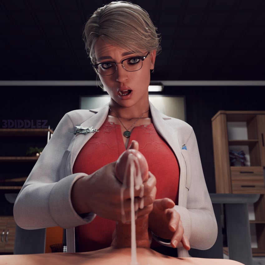 1female 1girls 1male 3d_(artwork) 3diddlez blender blender_(software) blender_cycles blonde_female blonde_hair cfnm clothed_female clothed_female_nude_male cum_on_own_body dc dc_comics faceless_male glasses harleen_quinzel harley_quinn labcoat necklace nude_male pov ruined_orgasm tagme