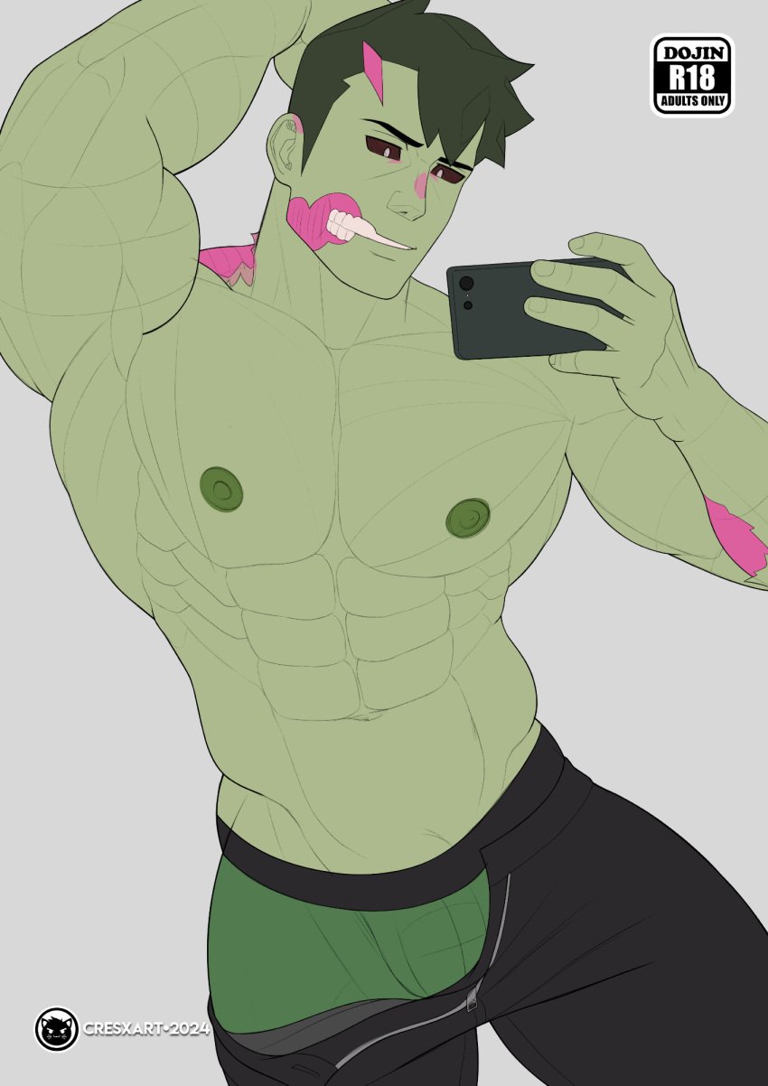 bara brian_yu bulge bulge_through_clothing cresxart gay green_skin monster_prom pants selfie topless underwear zombie