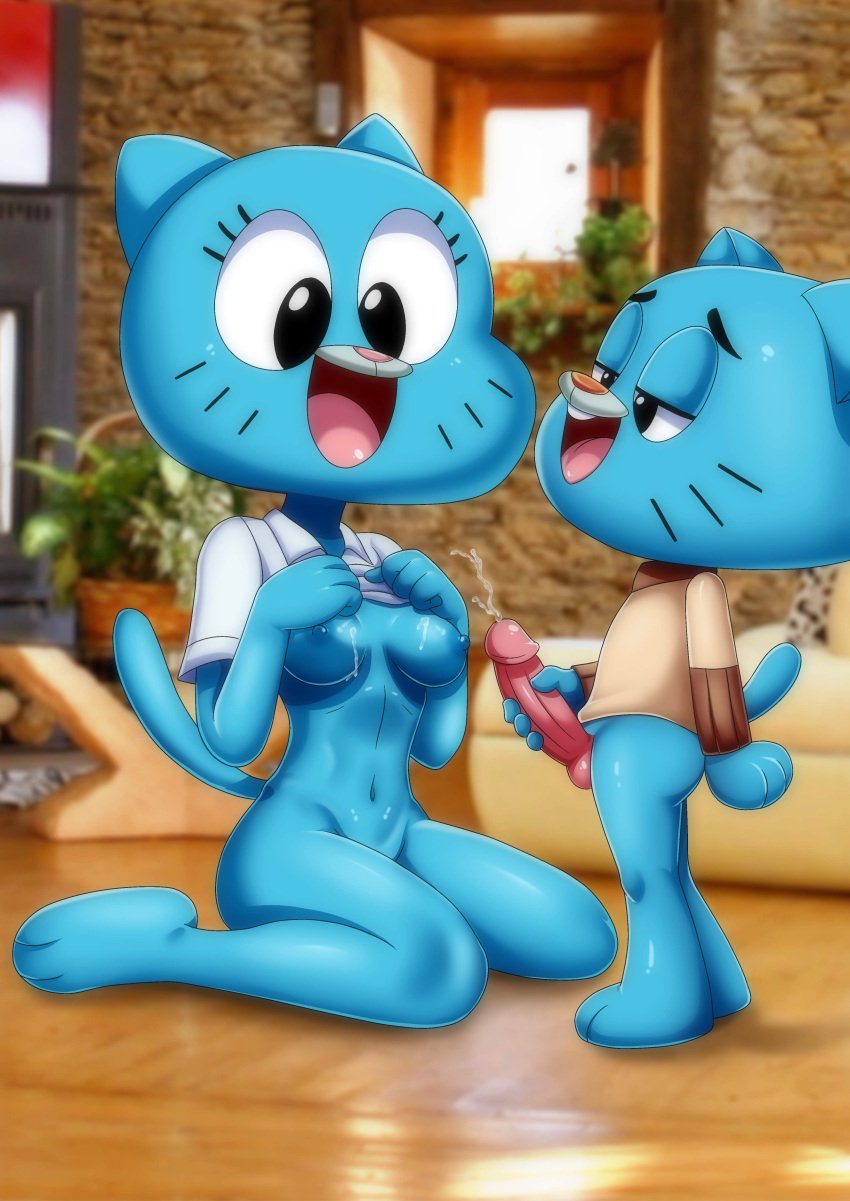 1boy 1girls age_difference anthro balls bbmbbf black_eyes blue_fur bottomless breasts cartoon_network cub cum cum_on_breasts domestic_cat felid feline female fur furry gumball_watterson hi_res incest male male/female masturbation milf mother_and_son navel nicole_watterson nipples nude open_mouth palcomix penis teeth the_amazing_world_of_gumball tongue young