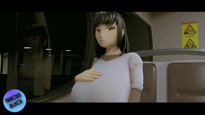 1girls 3d anime_style baggy_clothing big_breasts black_hair brown_eyes busty busty_female curvy dress female huge_boobs meli(thaciusblack) metro oc original_character straight_hair thaciusblack train