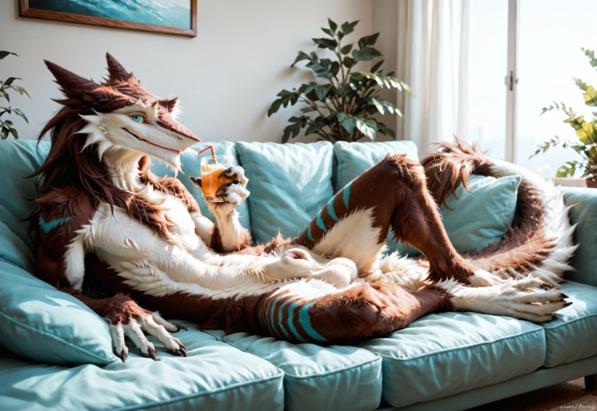 ai_generated alcohol animal_genitalia anthro aurugy balls beverage big_tail blue_eyes brown_body brown_fur cocktail detailed drinking fluffy_balls fur furniture furry genitals hi_res inside laying light lying_on_sofa male on_sofa photorealism photorealistic pillow raised_leg realistic relaxed relaxing sergal sheath sofa solo suggestive sunlight