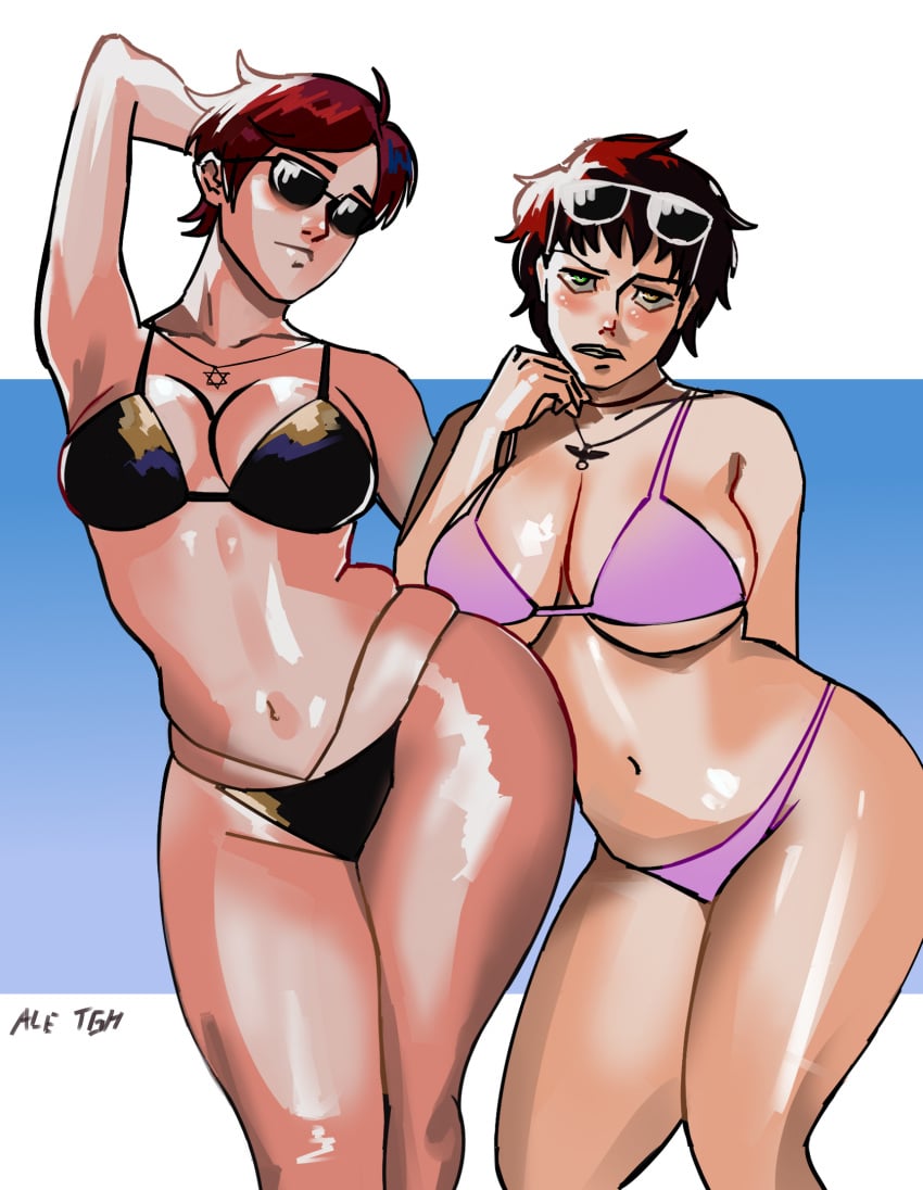 2girls big_breasts bikini brown_hair curvy_female doomentio doomverse gloves jerry_(doomverse) light-skinned_female red_hair rule_63 star_of_david swastika