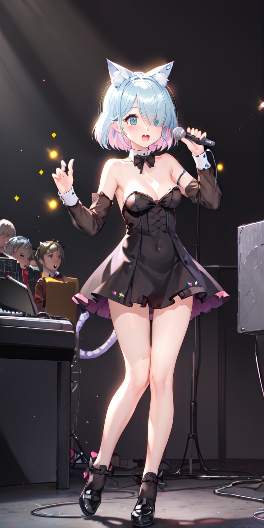 1girls 2boys 2girls 3boys 3girls ai_generated alternate_costume animal_ear_fluff animal_ears bangs bare_legs bare_shoulders black_bow black_bowtie black_dress black_footwear black_sleeves black_socks blue_eyes blue_hair blush bow bowtie breasts cable cat_ears cat_girl cat_tail cleavage colored_inner_hair covered_navel detached_collar detached_sleeves dress drum extra_ears eyes_visible_through_hair full_body hair_over_one_eye hands_up holding holding_microphone instrument kemonomimi_mode long_sleeves looking_at_viewer medium_breasts microphone microphone_stand multicolored_hair multiple_boys multiple_girls music natsuyoru open_mouth piano pink_hair see-through shoes short_dress short_hair singing smile socks solo_focus spotlight standing strapless strapless_dress tail thighs two-tone_hair unnamed_character upper_teeth_only