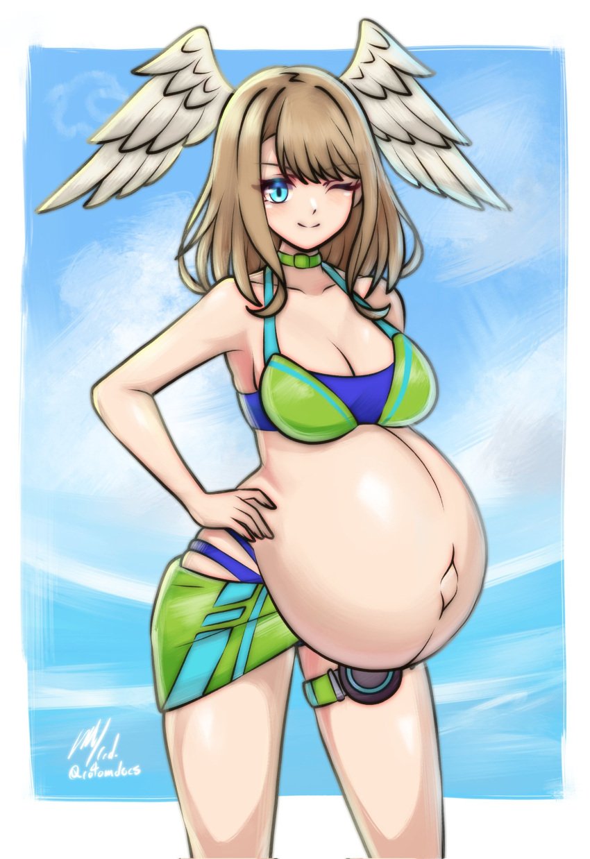 aqua_eyes bare_arms bikini breasts brown_hair cleavage closed_mouth eunie_(xenoblade) female hand_on_own_hip head_wings highres hyper_belly large_breasts long_hair navel one_eye_closed pregnant rotomdocs sarong smile solo swimsuit thigh_strap wings xenoblade_chronicles_(series) xenoblade_chronicles_3