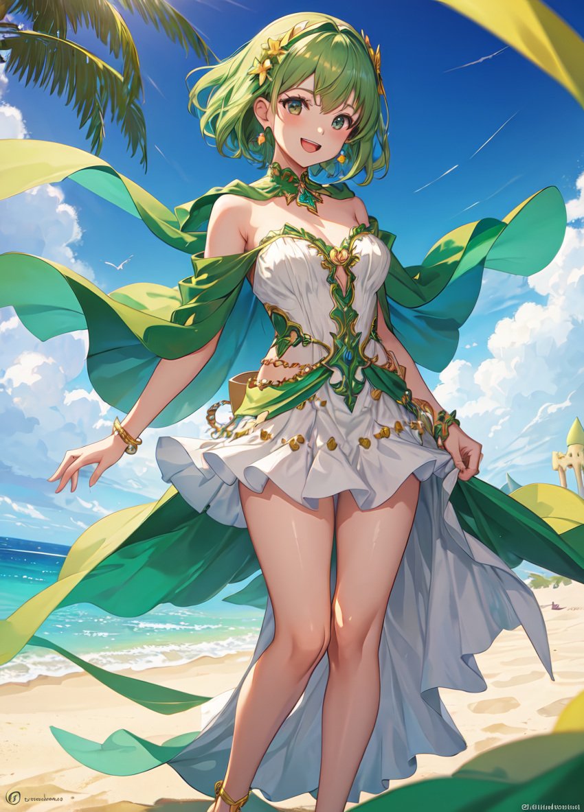 1girls :d ai_generated anklet bangs bare_legs bare_shoulders beach blue_sky blush bracelet breasts cape cleavage cloud day dress earrings feet_out_of_frame flower green_cape green_eyes green_hair hair_flower hair_ornament hairband jewelry legs looking_at_viewer medium_breasts natsuyoru ocean off_shoulder open_mouth outdoors palm_tree sand shiny short_hair sky smile solo standing strapless strapless_dress teeth thighs tree unnamed_character upper_teeth_only water white_dress