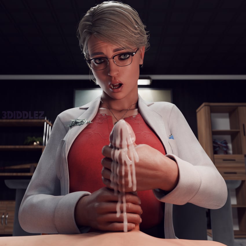 1female 1girls 1male 3diddlez blender blender_(software) blender_cycles blonde_female blonde_hair cfnm clothed_female clothed_female_nude_male cum cum_on_hand cumming dc dc_comics faceless_male glasses handjob harleen_quinzel harley_quinn lab_coat labcoat necklace nude_male pov surpised tagme