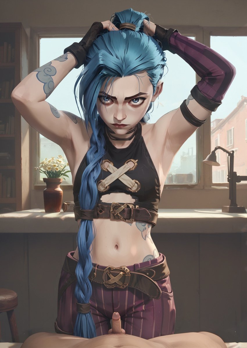 ai_generated arcane arcane_jinx blue_hair female jinx_(league_of_legends) league_of_legends micropenis penis sgrodolo tying_hair