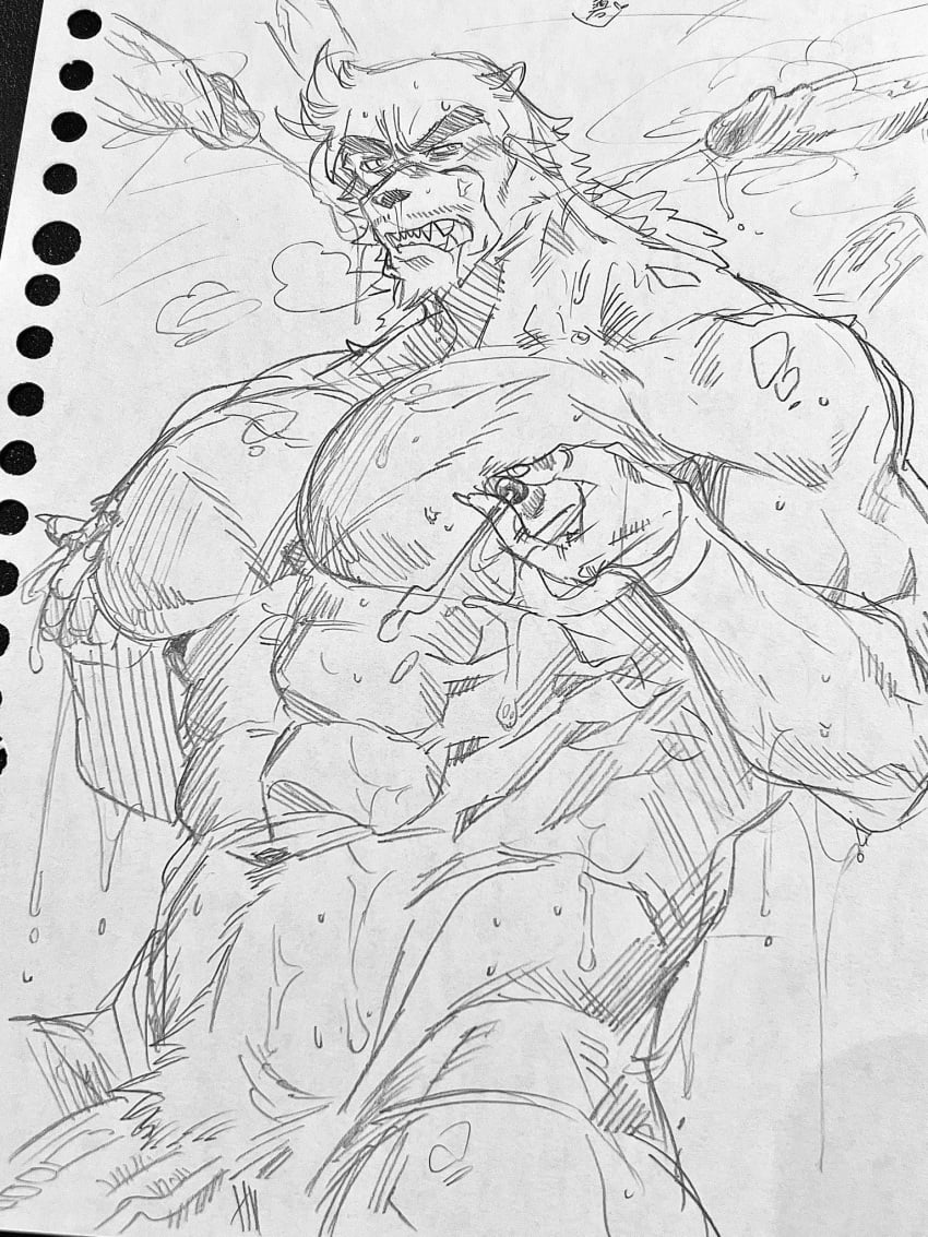 anthro balls bara barazoku bear boner cum erection fumimimimidory furry gay kumatetsu lactation male male_lactation male_only monochrome muscles muscular nude orgasm penis sweat sweating the_boy_and_the_beast traditional_media_(artwork) ursid