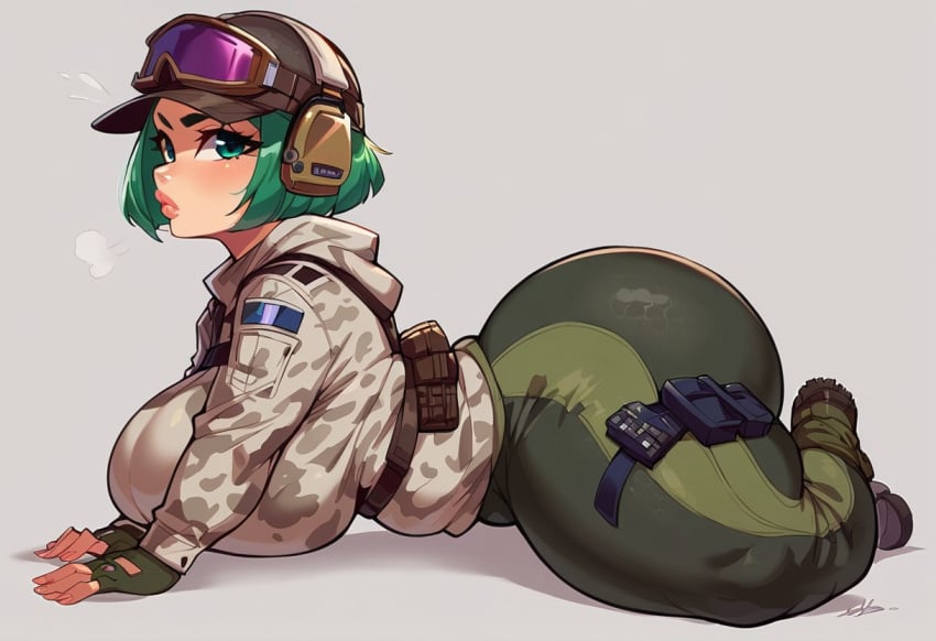 1girls ai_generated big_ass big_breasts big_butt brax_(artist) civitai ela_(rainbow_six) green_eyes green_hair hips huge_breasts lying military_uniform rainbow_six rainbow_six_siege shortstack stable_diffusion tagme ubisoft wide_hips