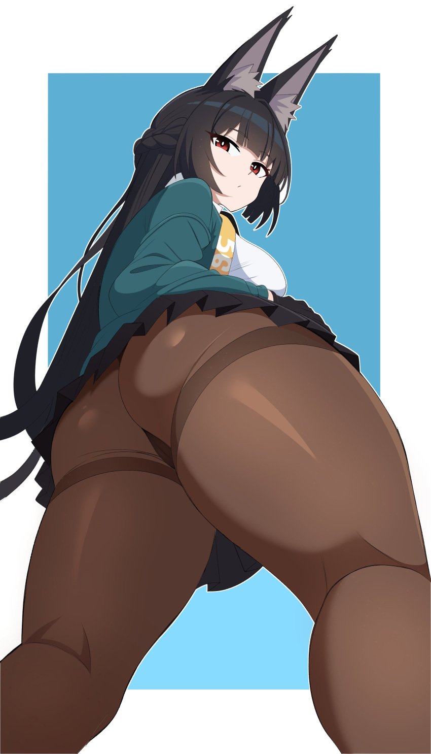 1girls animal_ears ass ass back_view big_ass big_breasts big_thighs black_hair breasts clothed clothing female female_focus female_only gigantic_ass gigantic_thighs hoshimi_miyabi huge_ass huge_breasts huge_thighs legwear long_hair looking_at_viewer maidcousin panties skirt tagme thick_hips thick_thighs thighs zenless_zone_zero