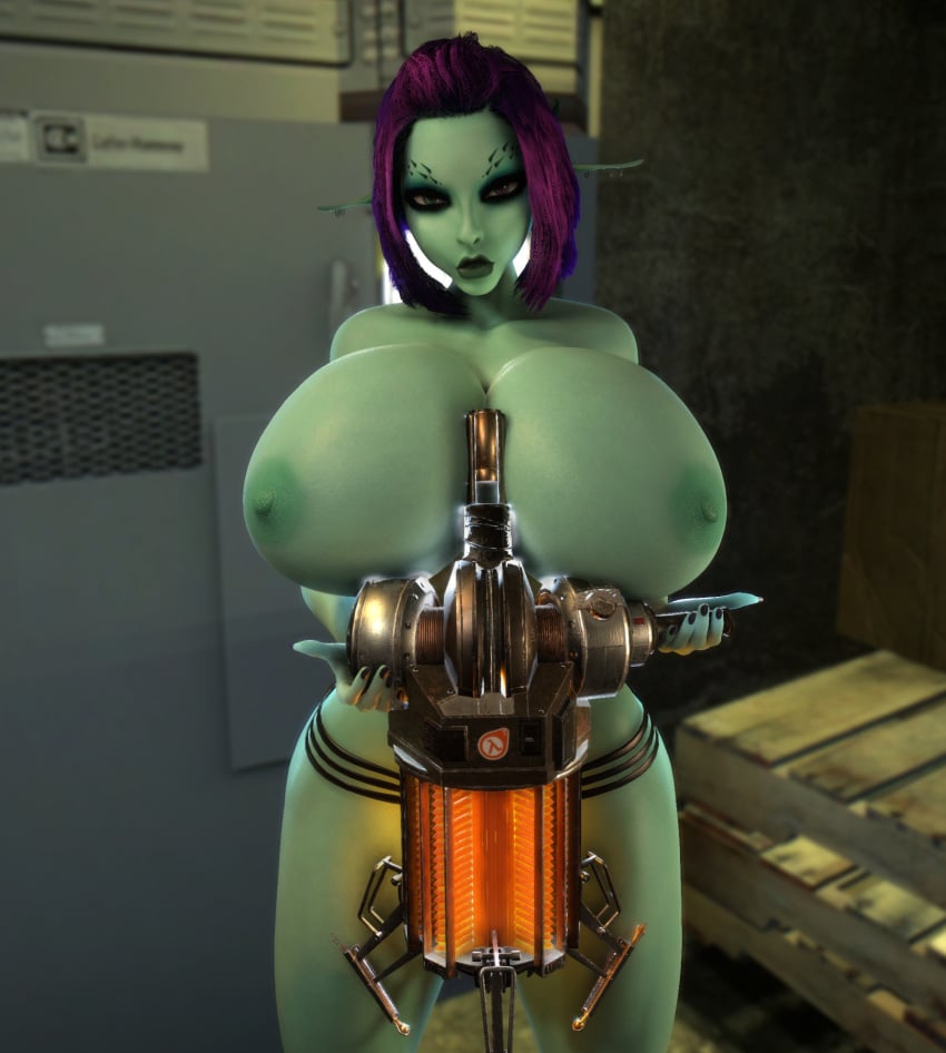 1girls 3d 3d_(artwork) areolae bare_arms bare_legs bare_shoulders bare_thighs big_breasts blue_body blue_skin breasts breasts_bigger_than_head breasts_bigger_than_torso cleavage enormous_breasts female female_only female_solo gigantic_breasts gravity_gun half-life heterochromia holding_object huge_breasts large_breasts lips long_ears long_pointy_ears looking_at_viewer massive_breasts naked naked_female nipples nude nude_female plump_lips pointy_ears purple_hair solo solo_female soria thick_lips topless topless_female vaako