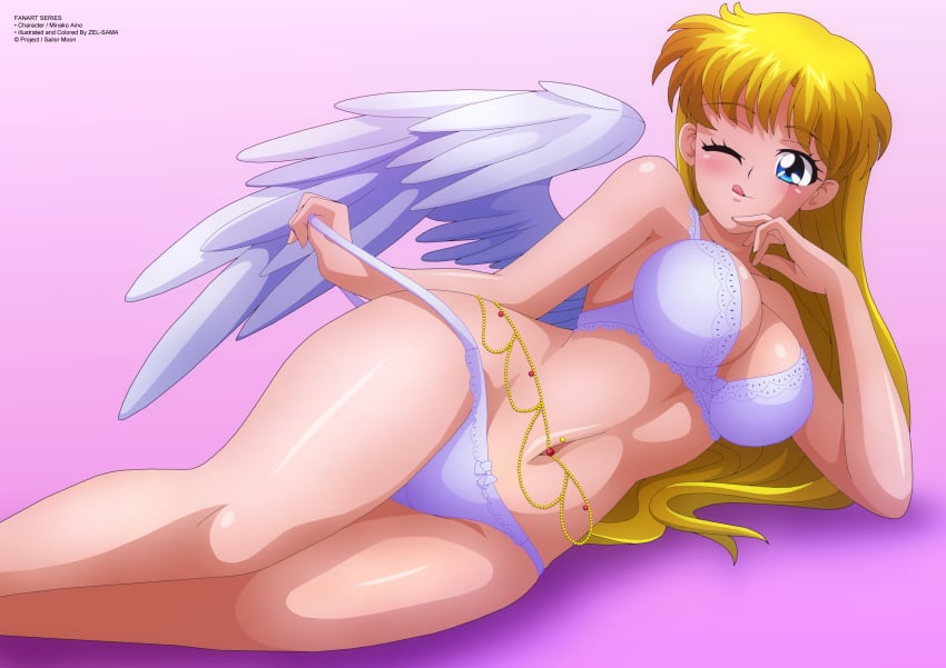 absurd_res aino_minako alluring angel_wings beads big_breasts bishoujo_senshi_sailor_moon blonde_hair blue_eyes blush bow bow_bra bow_panties bra cleavage collarbone female high_res long_hair looking_at_viewer lying minako_aino navel one_eye_closed panties panty_pull pin_up pink_background purple_bra purple_panties sailor_venus smile tongue tongue_out underwear wings wink zel-sama