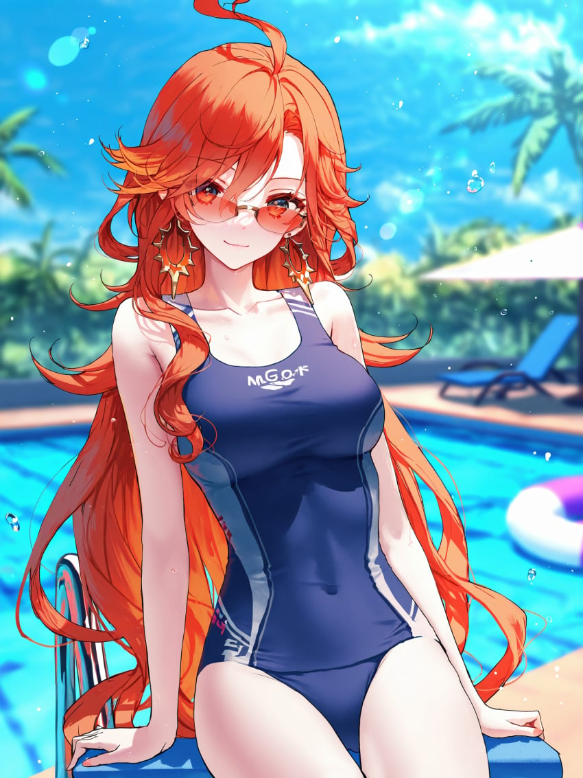 absurd_res ai_generated genshin_impact looking_over_eyewear looking_over_sunglasses mavuika_(genshin_impact) ministro pool sunglasses sunlight swimming_pool swimsuit tinted_eyewear