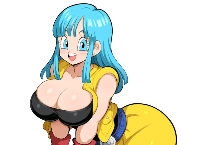 1girls ai_generated blue_eyes blue_hair cleavage dragon_ball dragon_ball_z female jacket maron mullon voluptuous voluptuous_female