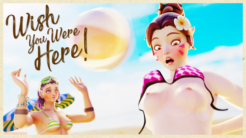 2girls 3d alternate_costume areolae beach bikini_malfunction bikini_top blender breasts cleavage d.va effectsmaster231 embarrassed embarrassed_nude_female enf erect_nipples female female_only lost_clothes medium_breasts nipple_bulge nipples overwatch small_breasts sombra tulum_sombra wardrobe_malfunction waveracer_d.va whisker_markings