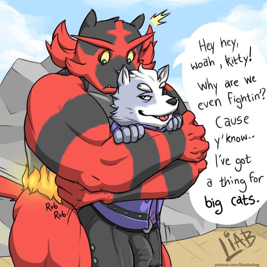 2boys bara bulge dialogue english english_text feline furry furry_only gay incineroar livesinabag male male_only muscles no_humans patreon pokemon size_difference star_fox teasing text wolf wolf_o'donnell yaoi