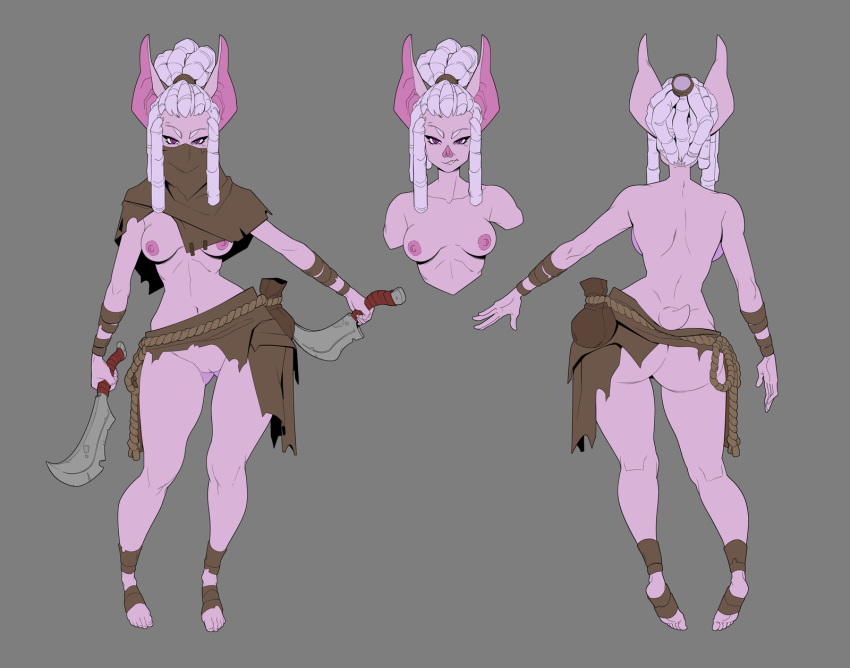 2019 anthro areola ass bandage big_butt breasts chiropteran dagger dreadlocks dual_wielding female flashspot grey_background hair hair_bun hi_res holding_object holding_weapon hollandworks long_hair looking_at_viewer mammal mask melee_weapon model_sheet navel nipples nude pink_eyes pink_hair pink_nose pussy rogue scarf simple_background solo standing tribal weapon wide_hips