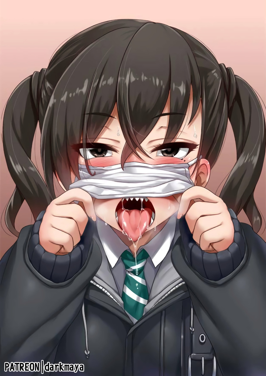 darkmaya drooling eyebrows_visible_through_hair eyes_visible_through_hair female idolmaster idolmaster_cinderella_girls idolmaster_cinderella_girls_starlight_stage looking_at_viewer sharp_teeth solo sunazuka_akira surgical_mask tie tongue_out