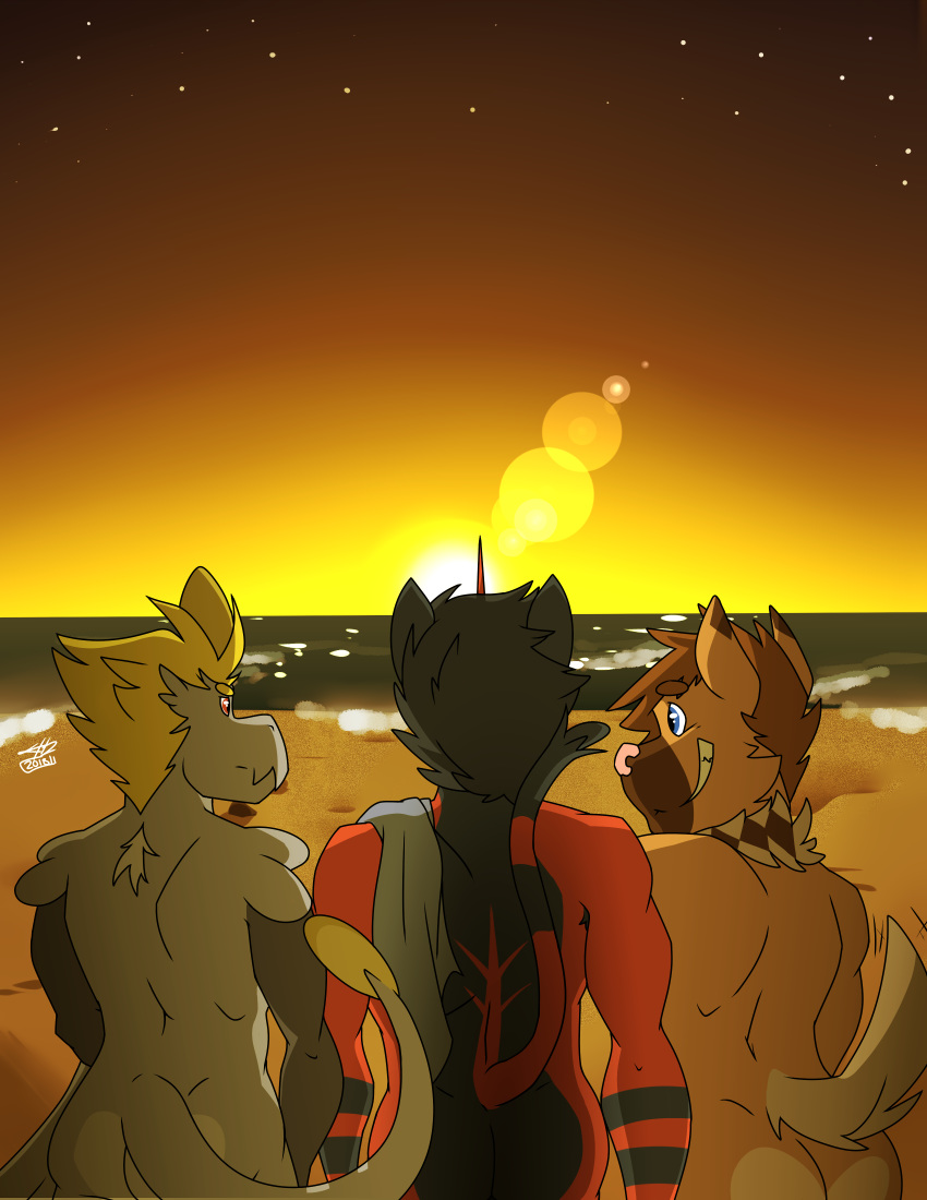 2018 ass beach canine dragon feline hakamo-o jake_(fuze) lucas_(fuze) male male_only mammal nintendo nude nude_beach pokémon_(species) pokemon public_nudity reptile ricky_(fuze) rockruff scalie seaside sunset sylvanedadeer tailwag torracat video_games