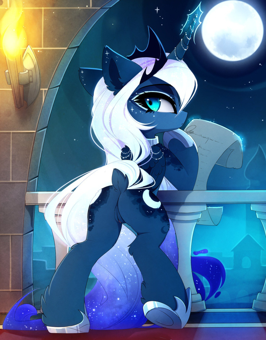 2019 alicorn blue_eyes blue_fur corruptedluna detailed_background digital_media_(artwork) equine eyelashes feathered_wings feathers female feral friendship_is_magic fur hair hooves horn magnaluna mammal moon my_little_pony night outside princess_luna_(mlp) pussy sky solo star starry_sky white_hair wings