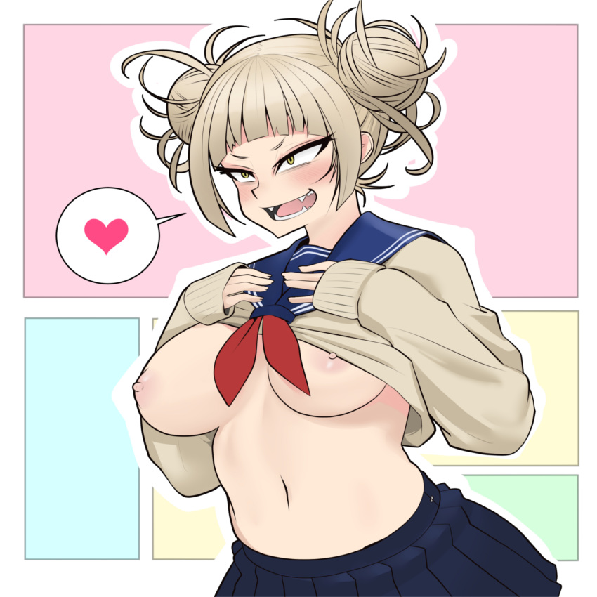 areolae asha big_breasts blonde_hair blush breasts clothing fangs female female_only heart himiko_toga huge_breasts large_breasts my_hero_academia nipples schector_(asha000253) school_uniform schoolgirl smile solo villain yellow_eyes