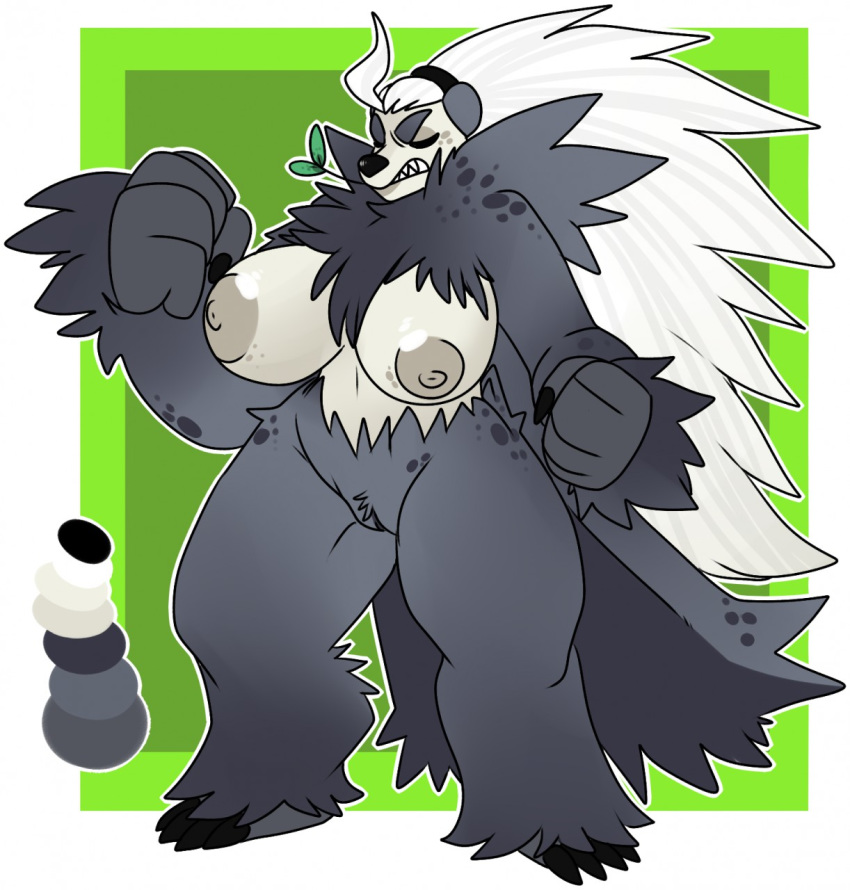 anthro big_breasts breasts demonnyuu female fur hair huge_breasts long_hair mammal nintendo nipples nude original_character pangoro pokémon_(species) pokemon pussy simple_background solo standing ursine video_games white_hair