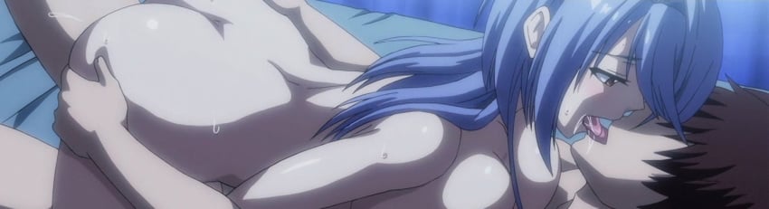 1boy1girl animated blue_hair blush breasts breasts_on_chest brown_hair chijoku_no_seifuku faceless_male gif holding_ass kiss kissing large_breasts laying_down licking making_out medium_hair saliva saliva_trail sex_slave smooth_skin t-rex_(animation_studio) toyomori_aya yellow_eyes