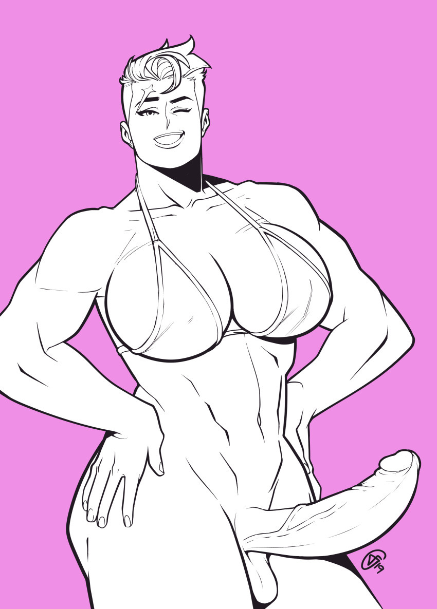 1futa 2d bikini blizzard_entertainment breasts cleavage freeglass futa_only futanari intersex large_breasts large_penis muscles muscular muscular_futanari navel overwatch penis scar testicles veiny_penis wink zarya