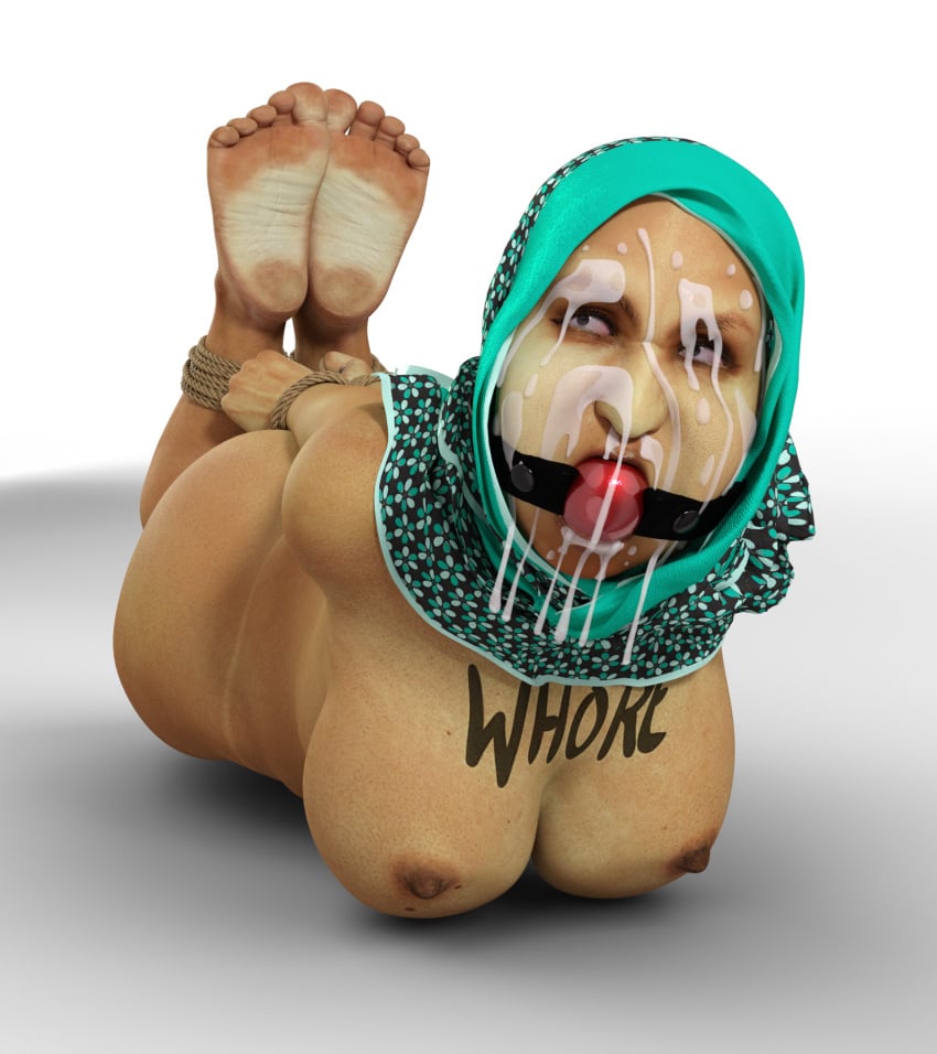 3d angry arabian ball_gag bondage cum_on_face curvy daz3d gag hijab hogtie muslim naked_hogtie nipples rope_bondage scarf tattoo tikka