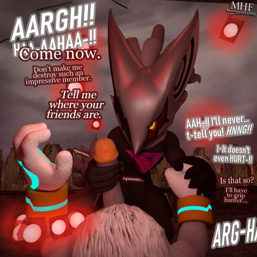 2019 3d anthro big_penis captured chest_tuft dialogue duo glans handjob holding_hands implied_torture infinite_(sonic) interrogation long_penis male male_pov maledom malesub moorsheadfalling penis penis_grab phantom_ruby pov sex silver_the_hedgehog sonic_(series) sonic_forces squeezing submissive_pov text torture video_games yaoi